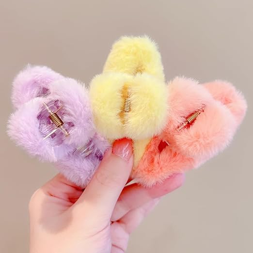 Korean Style Small Hair Claw Clips for Women & Girls | Soft Fluffy Mini Hair Clips | Non-Slip Strong Grip Hair Clamps for Daily & Party Use | Assorted Multicolor Gift Set (3 PCS)