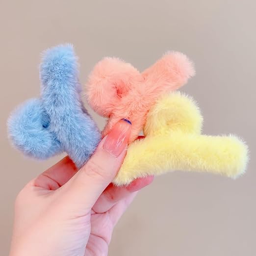 Korean Style Small Hair Claw Clips for Women & Girls | Soft Fluffy Mini Hair Clips | Non-Slip Strong Grip Hair Clamps for Daily & Party Use | Assorted Multicolor Gift Set (3 PCS)